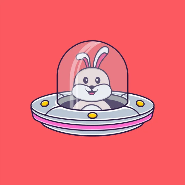 Cute Rabbit Driving Spaceship Ufo Animal Cartoon Concept Isolated Can — Stok Vektör