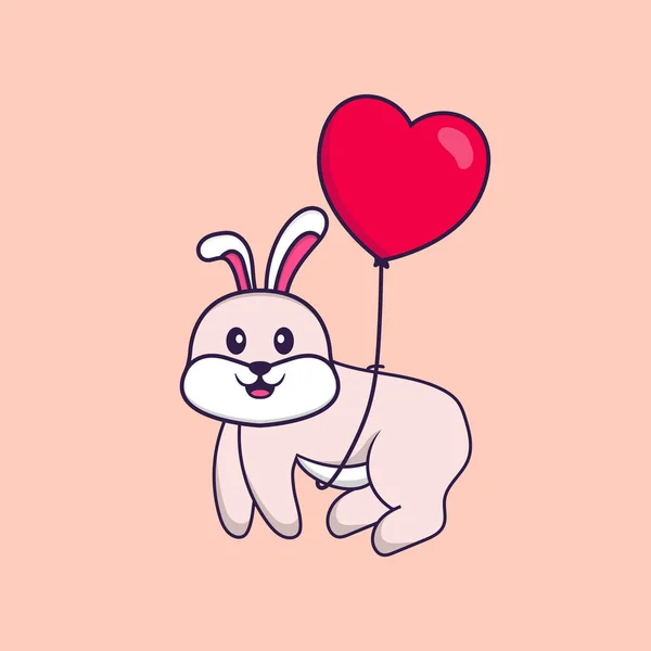 可爱的兔子带着爱情形状的气球飞行 动物漫画的概念是孤立的 可用于T恤衫 请柬或吉祥物 — 图库矢量图片