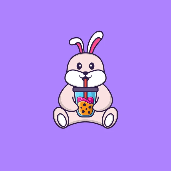 Cute Rabbit Drinking Boba Milk Tea Animal Cartoon Concept Isolated — Stock Vector