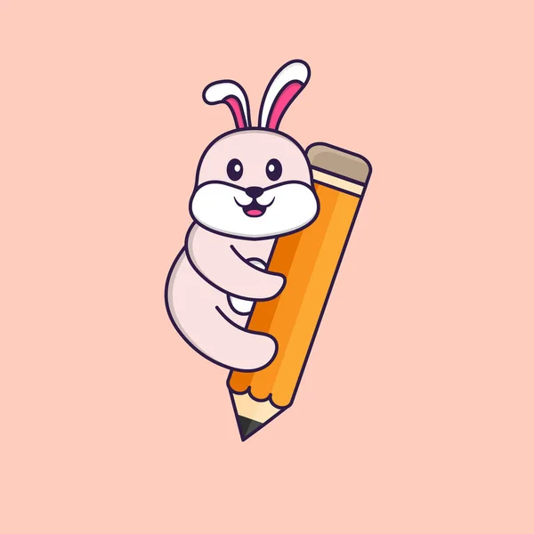 Lindo Conejo Sosteniendo Lápiz Animal Concepto Dibujos Animados Aislado Puede — Vector de stock