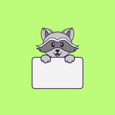 Beyaz tahta tutan şirin bir rakun. Hayvan çizgi film kavramı izole edildi. Tişört, tebrik kartı, davetiye kartı ya da maskot olarak kullanılabilir..