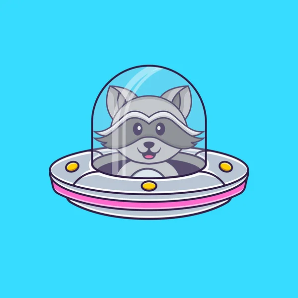 Lindo Mapache Conducir Nave Espacial Ufo Animal Concepto Dibujos Animados — Vector de stock