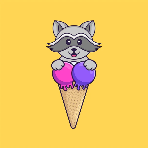 Mignon Raton Laveur Crème Glacée Sucrée Concept Dessin Animé Animal — Image vectorielle