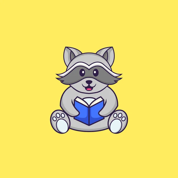 Lindo Mapache Leyendo Libro Animal Concepto Dibujos Animados Aislado Puede — Vector de stock