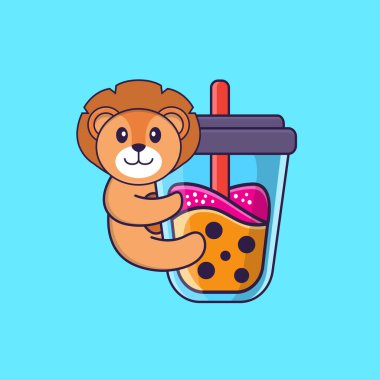 Tatlı aslan Boba sütlü çay içiyor. Hayvan çizgi film kavramı izole edildi. Tişört, tebrik kartı, davetiye kartı ya da maskot olarak kullanılabilir..