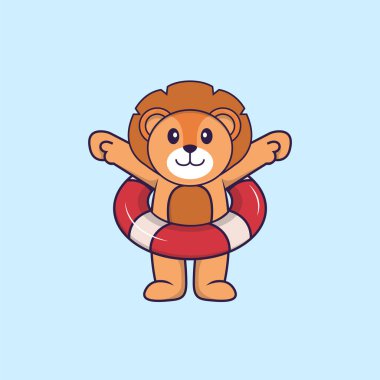 Şamandıra kullanan sevimli bir aslan. Hayvan çizgi film kavramı izole edildi. Tişört, tebrik kartı, davetiye kartı ya da maskot olarak kullanılabilir..