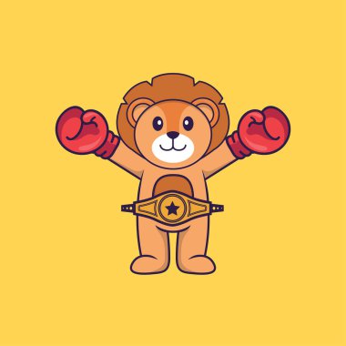 Şampiyon kemeri olan boksör kostümlü şirin bir aslan. Hayvan çizgi film kavramı izole edildi. Tişört, tebrik kartı, davetiye kartı ya da maskot olarak kullanılabilir..