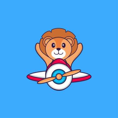 Uçakta uçan sevimli bir aslan. Hayvan çizgi film kavramı izole edildi. Tişört, tebrik kartı, davetiye kartı ya da maskot olarak kullanılabilir..