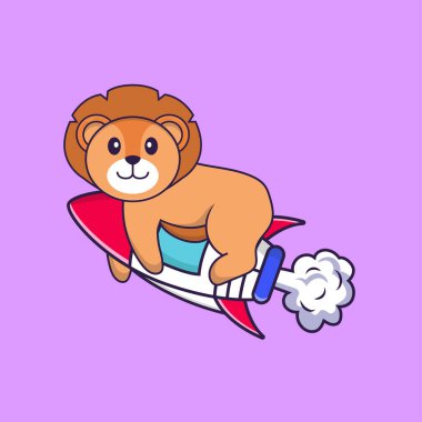 Roketin üstünde uçan sevimli bir aslan. Hayvan çizgi film kavramı izole edildi. Tişört, tebrik kartı, davetiye kartı ya da maskot olarak kullanılabilir..
