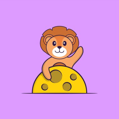 Ay 'da tatlı bir aslan var. Hayvan çizgi film kavramı izole edildi. Tişört, tebrik kartı, davetiye kartı ya da maskot olarak kullanılabilir..