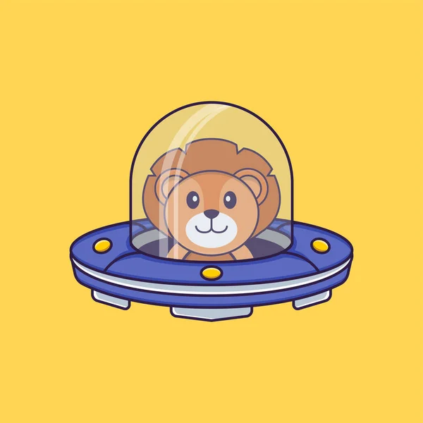 stock vector Cute lion Driving Spaceship Ufo. Animal cartoon concept isolated. Can used for t-shirt, greeting card, invitation card or mascot.