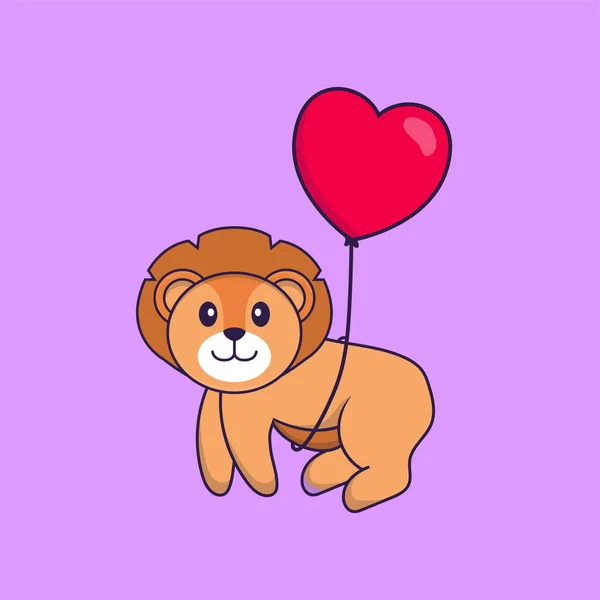 Χαριτωμένο Λιοντάρι Που Πετάει Μπαλόνια Σχήμα Αγάπης Έννοια Κινουμένων Σχεδίων — Διανυσματικό Αρχείο
