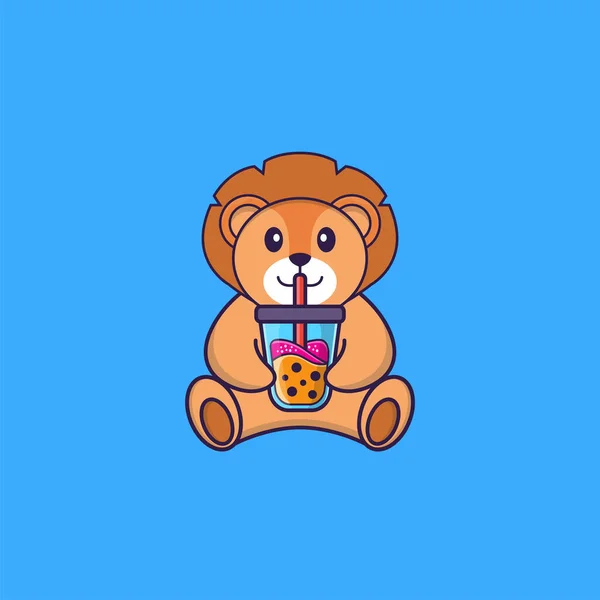 かわいいライオンは ボバミルクティーを飲む 動物の漫画の概念は孤立した Tシャツ グリーティングカード 招待カード マスコットに使用できます — ストックベクタ