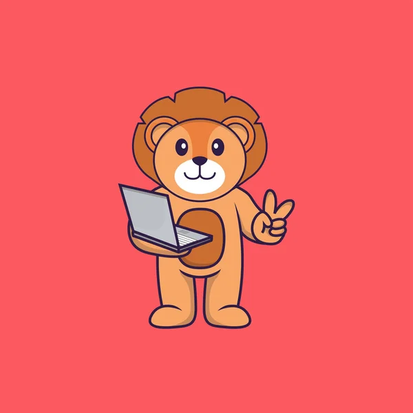 かわいいライオンはノートパソコンを保持 動物の漫画の概念は孤立した Tシャツ グリーティングカード 招待カード マスコットに使用できます — ストックベクタ