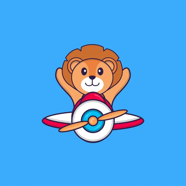 Cute Lion Flying Plane Animal Cartoon Concept Isolated Can Used — 图库矢量图片