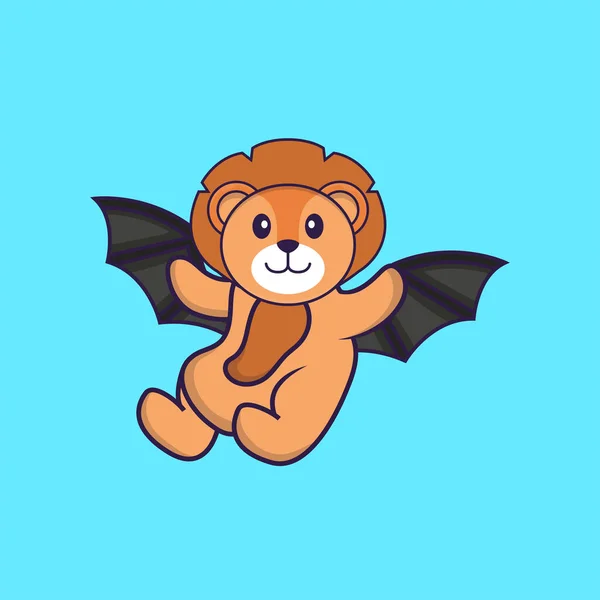 Lindo León Está Volando Con Alas Animal Concepto Dibujos Animados — Vector de stock