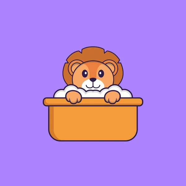 Cute Lion Taking Bath Bathtub Animal Cartoon Concept Isolated Can — 图库矢量图片
