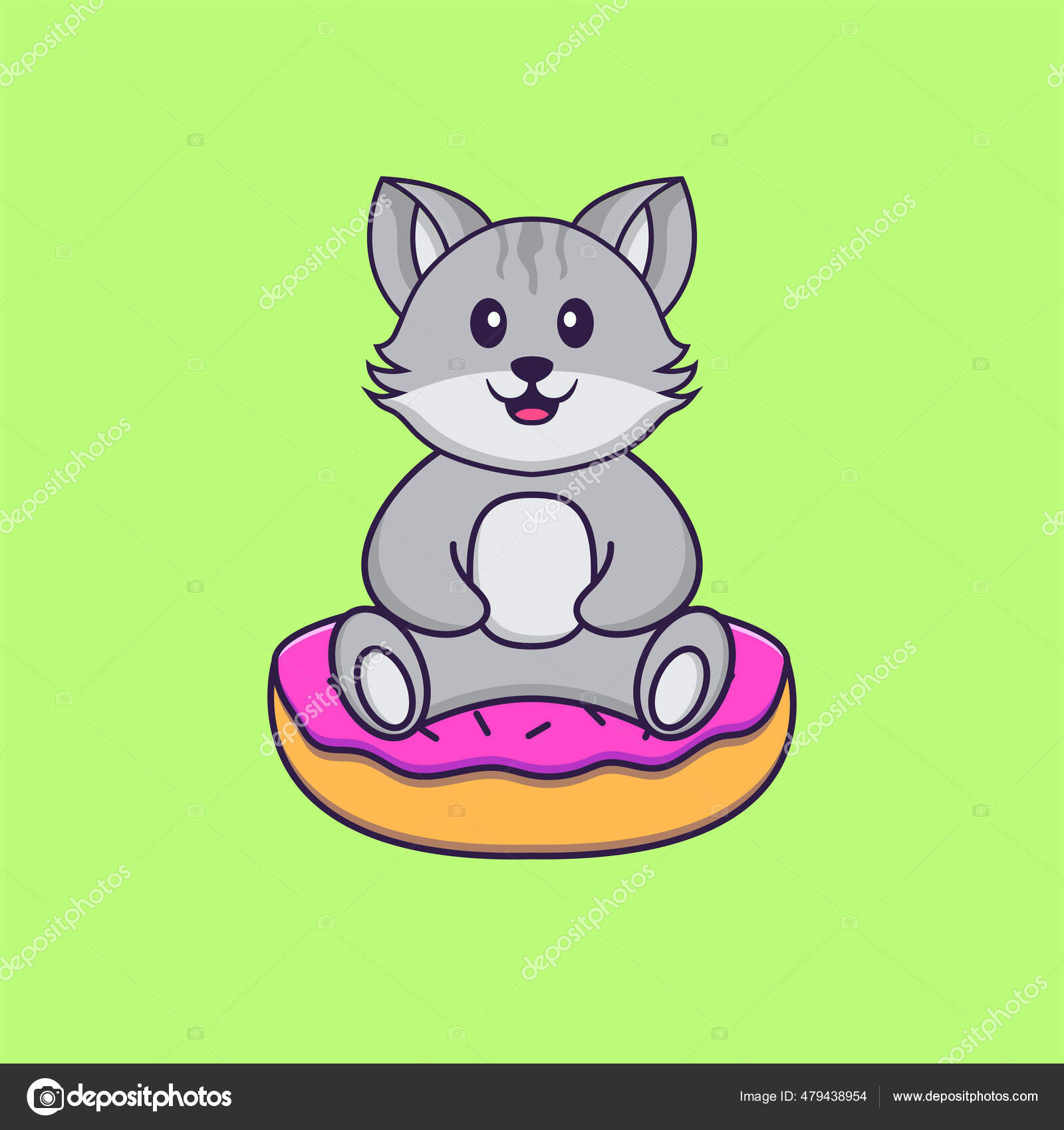 可爱的猫正坐在甜甜圈上动物漫画的概念是孤立的可用于t恤衫请柬或吉祥物 图库矢量图像 C Samehramadan1997 Gmail Com