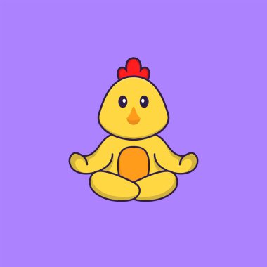 Şirin tavuk meditasyon yapıyor ya da yoga yapıyor. Hayvan çizgi film kavramı izole edildi. Tişört, tebrik kartı, davetiye kartı ya da maskot olarak kullanılabilir..