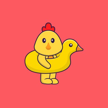 Ördek şamandıralı şirin tavuk. Hayvan çizgi film kavramı izole edildi. Tişört, tebrik kartı, davetiye kartı ya da maskot olarak kullanılabilir..