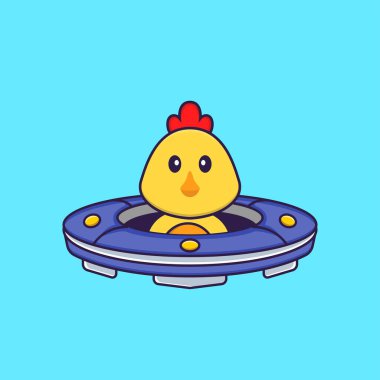 Tatlı tavuk sürücüsü uzay gemisi Ufo. Hayvan çizgi film kavramı izole edildi. Tişört, tebrik kartı, davetiye kartı ya da maskot olarak kullanılabilir..