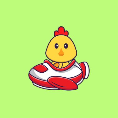 Uçakta uçan tatlı tavuk. Hayvan çizgi film kavramı izole edildi. Tişört, tebrik kartı, davetiye kartı ya da maskot olarak kullanılabilir..