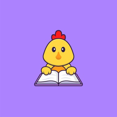 Kitap okuyan sevimli bir tavuk. Hayvan çizgi film kavramı izole edildi. Tişört, tebrik kartı, davetiye kartı ya da maskot olarak kullanılabilir..