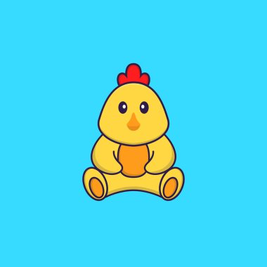 Şirin tavuk oturuyor. Hayvan çizgi film kavramı izole edildi. Tişört, tebrik kartı, davetiye kartı ya da maskot olarak kullanılabilir..