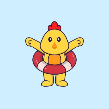 Şamandıra kullanan şirin bir tavuk. Hayvan çizgi film kavramı izole edildi. Tişört, tebrik kartı, davetiye kartı ya da maskot olarak kullanılabilir..