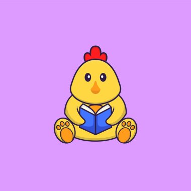 Kitap okuyan sevimli bir tavuk. Hayvan çizgi film kavramı izole edildi. Tişört, tebrik kartı, davetiye kartı ya da maskot olarak kullanılabilir..