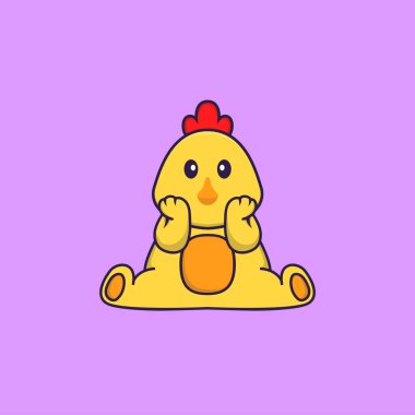 Şirin tavuk oturuyor. Hayvan çizgi film kavramı izole edildi. Tişört, tebrik kartı, davetiye kartı ya da maskot olarak kullanılabilir..