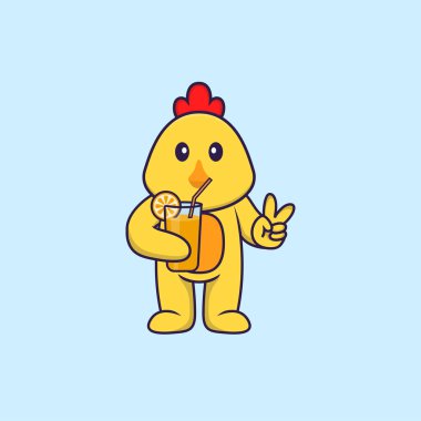 Bardakta portakal suyu tutan şirin bir tavuk. Hayvan çizgi film kavramı izole edildi. Tişört, tebrik kartı, davetiye kartı ya da maskot olarak kullanılabilir..