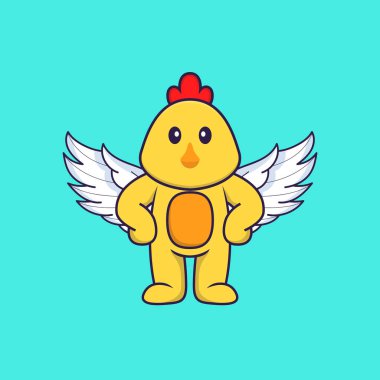 Kanat takan şirin tavuk. Hayvan çizgi film kavramı izole edildi. Tişört, tebrik kartı, davetiye kartı ya da maskot olarak kullanılabilir..
