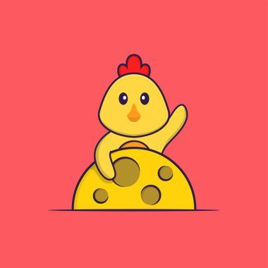 Ay 'da tatlı bir tavuk var. Hayvan çizgi film kavramı izole edildi. Tişört, tebrik kartı, davetiye kartı ya da maskot olarak kullanılabilir..