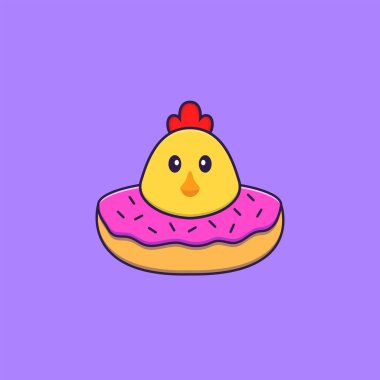 Boynunda donut olan tatlı bir tavuk. Hayvan çizgi film kavramı izole edildi. Tişört, tebrik kartı, davetiye kartı ya da maskot olarak kullanılabilir..