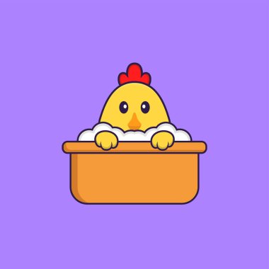 Küvette banyo yapan tatlı bir tavuk. Hayvan çizgi film kavramı izole edildi. Tişört, tebrik kartı, davetiye kartı ya da maskot olarak kullanılabilir..