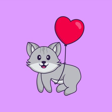 Aşk balonlarıyla uçan sevimli bir kedi. Hayvan çizgi film kavramı izole edildi. Tişört, tebrik kartı, davetiye kartı ya da maskot olarak kullanılabilir..