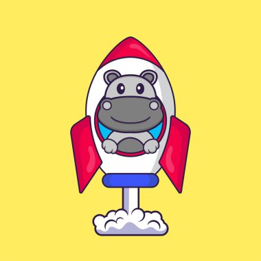 Roketin üzerinde uçan sevimli su aygırları. Hayvan çizgi film kavramı izole edildi. Tişört, tebrik kartı, davetiye kartı ya da maskot olarak kullanılabilir..