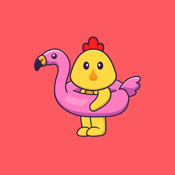 Niedliches Huhn Mit Flamingo Boje Animal Cartoon Konzept Isoliert Kann — Stockvektor