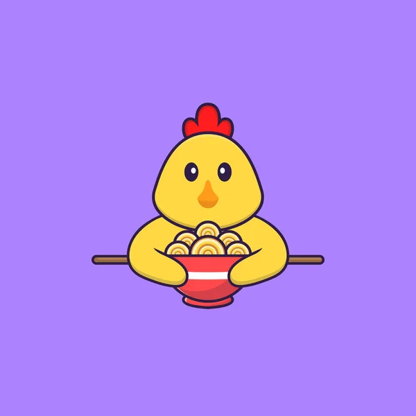 Lindo Pollo Comiendo Fideos Ramen Animal Concepto Dibujos Animados Aislado — Archivo Imágenes Vectoriales