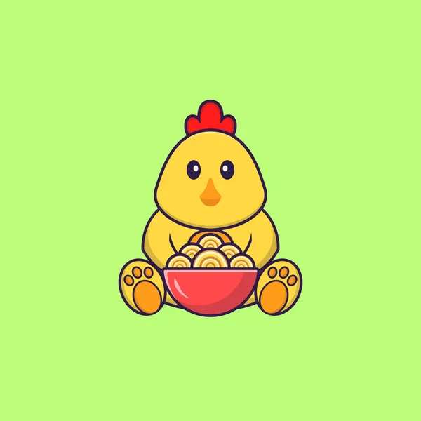 Mignon Poulet Manger Des Nouilles Ramen Concept Dessin Animé Animal — Image vectorielle