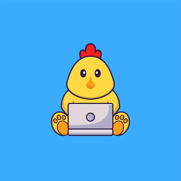 Χαριτωμένο Κοτόπουλο Φορητό Υπολογιστή Έννοια Κινουμένων Σχεδίων Ζώων Απομονώθηκε Μπορεί — Διανυσματικό Αρχείο