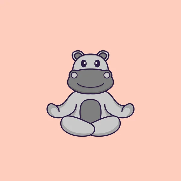 Hippopotame Mignon Médite Fait Yoga Concept Dessin Animé Animal Isolé — Image vectorielle