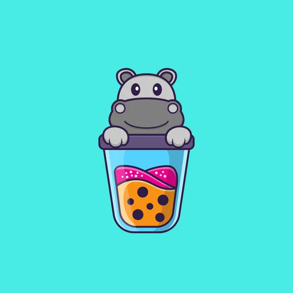 Mignon Hippopotame Boire Thé Lait Boba Concept Dessin Animé Animal — Image vectorielle