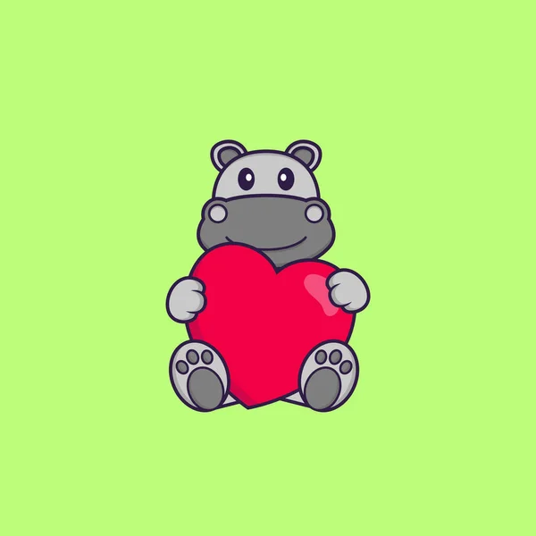 Mignon Hippopotame Tenant Grand Cœur Rouge Concept Dessin Animé Animal — Image vectorielle