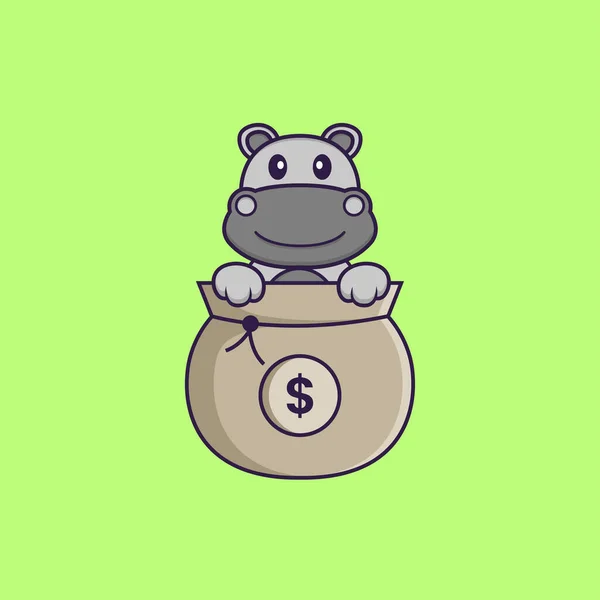 Hipopótamo Bonito Jogar Saco Dinheiro Animal Desenho Animado Conceito Isolado — Vetor de Stock