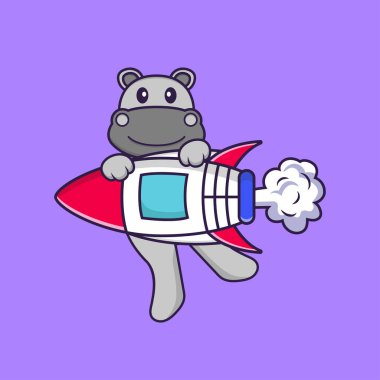 Roketin üzerinde uçan sevimli su aygırları. Hayvan çizgi film kavramı izole edildi. Tişört, tebrik kartı, davetiye kartı ya da maskot olarak kullanılabilir..