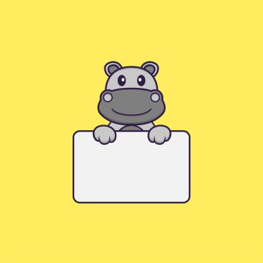 Beyaz tahtayı tutan sevimli su aygırları. Hayvan çizgi film kavramı izole edildi. Tişört, tebrik kartı, davetiye kartı ya da maskot olarak kullanılabilir..