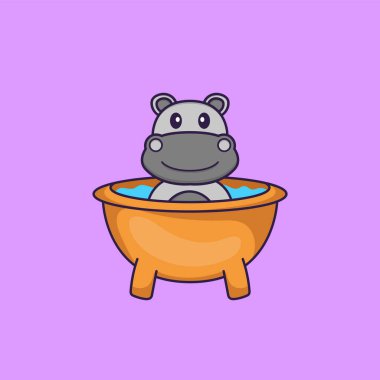 Küvette banyo yapan sevimli su aygırları var. Hayvan çizgi film kavramı izole edildi. Tişört, tebrik kartı, davetiye kartı ya da maskot olarak kullanılabilir..