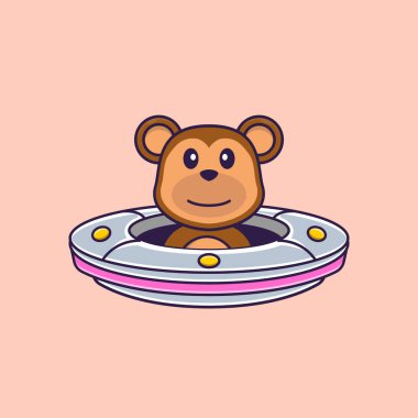 Tatlı maymun uzay gemisi Ufo 'yu kullanıyor. Hayvan çizgi film kavramı izole edildi. Tişört, tebrik kartı, davetiye kartı ya da maskot olarak kullanılabilir..